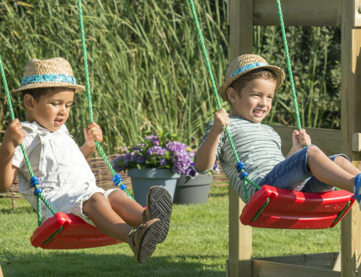 Jungle Lodge | Wooden climbing frame with double swing Jungle Lodge | Wooden climbing frame with double swing